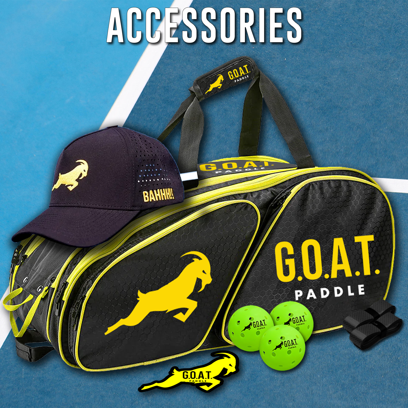 GOAT Accessories featuring GOAT logo pickleball travel bag, GOAT logo balls, GOAT snapback hat, GOAT stickers, grip tape