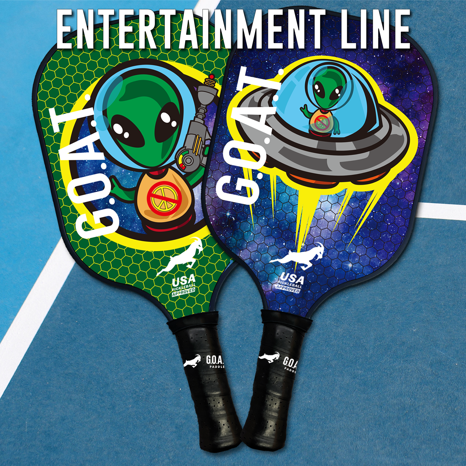 GOAT entertainment pickleball paddles featuring aliens.  Green Alien paddle featuring single alient with laser, GOAT logo and name on face.  Blue Alien paddle featuring alien flying in spaceship with GOAT logo and name on face