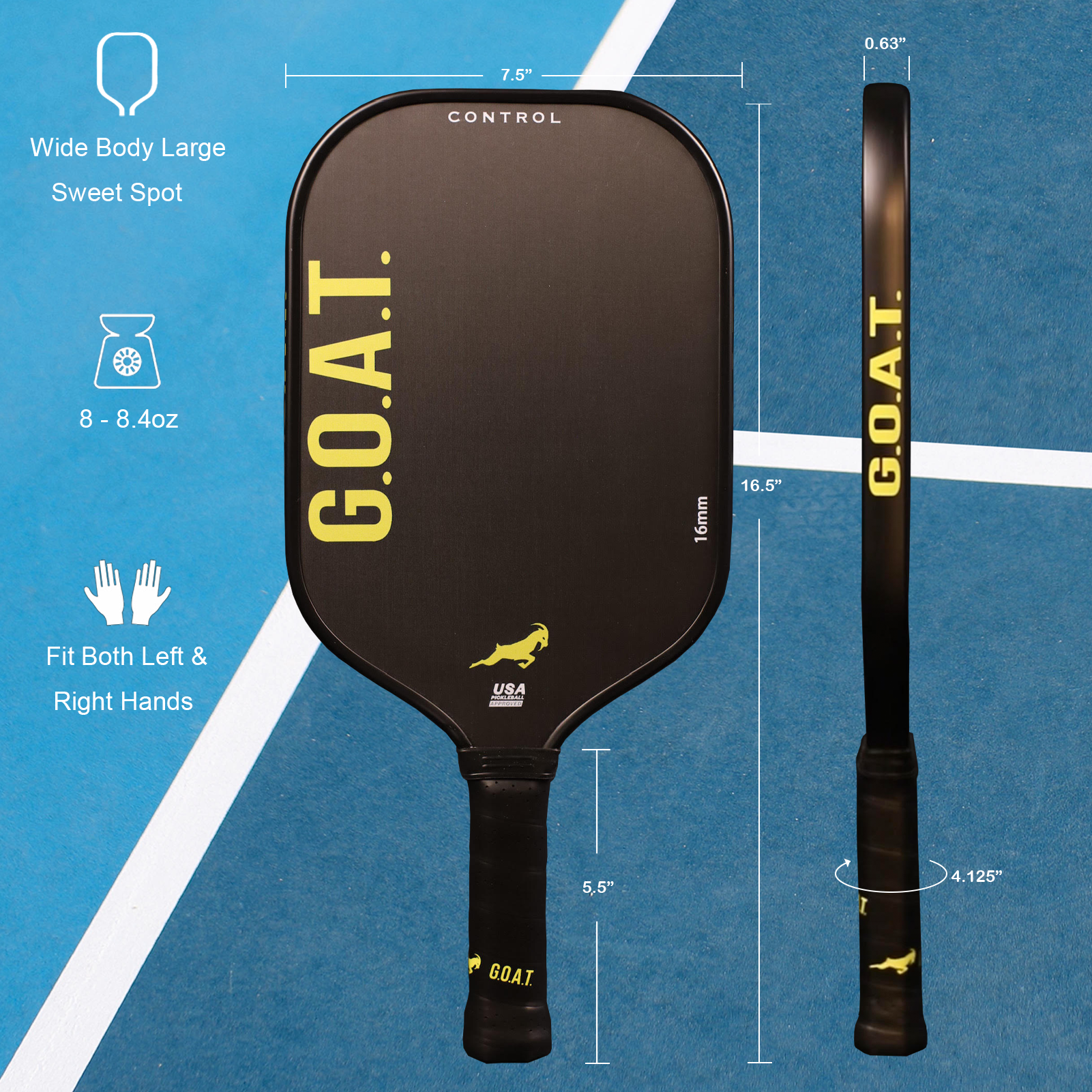 GOAT best control paddle: white handle, black face with goat head, gray back. Highlights large sweet spot, for powerful play. Fits both left and right hands.