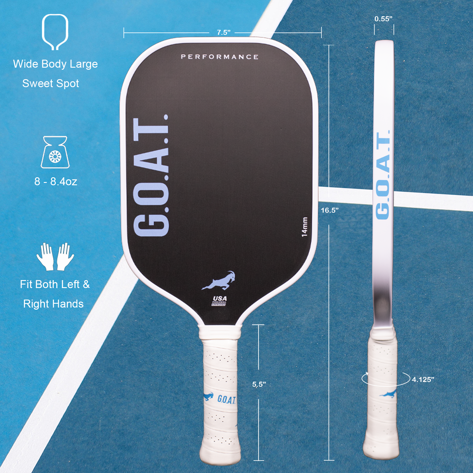 GOAT best performance paddle: white handle, black face with goat head, gray back. Highlights large sweet spot, for powerful play. Fits both left and right hands..