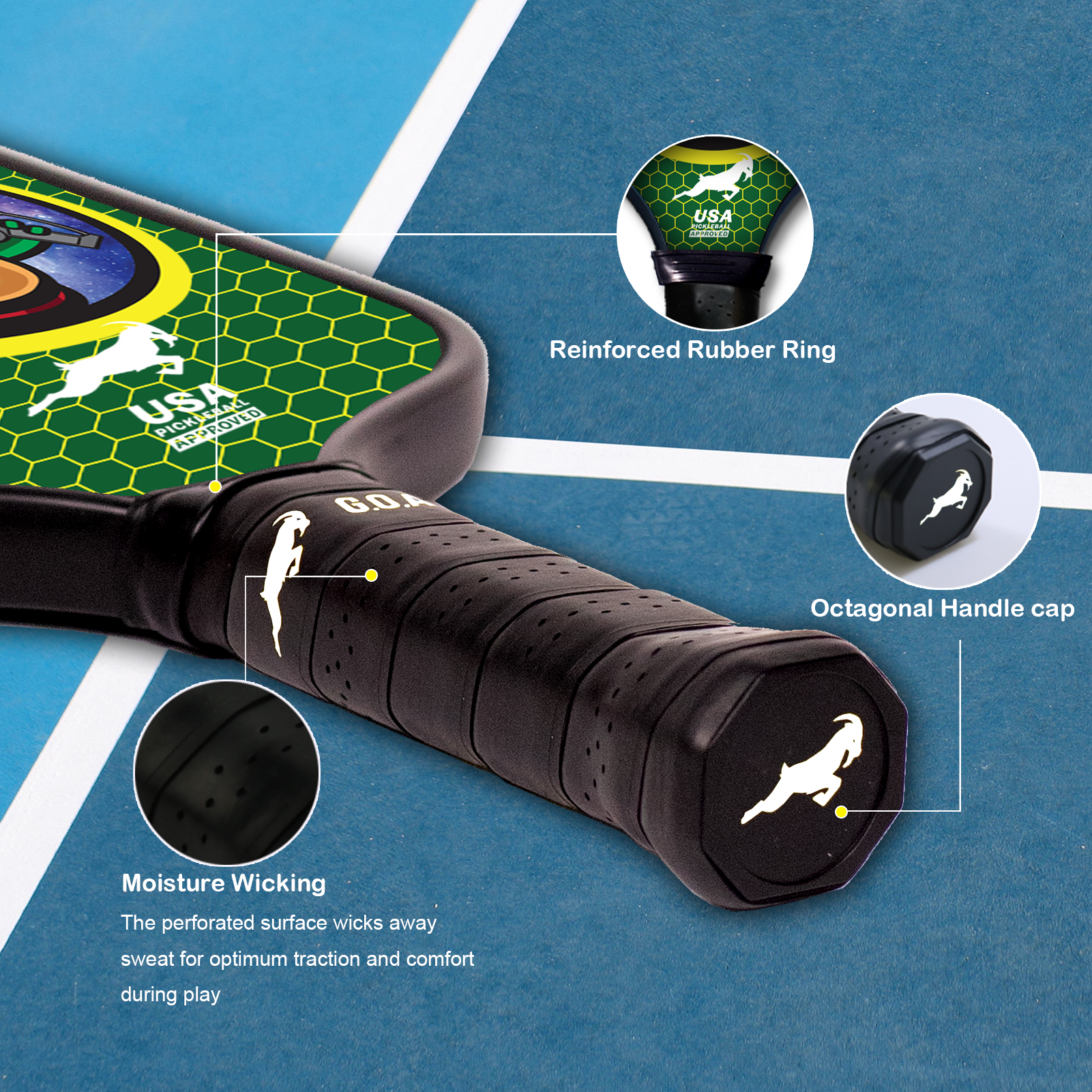 GOAT Entertainment Pickleball Paddles: Octagonal handle, blue/black accents, gray cap. Back with rubber rings, goat logo. 'Moisture Wicking', 'Reinforced Rubber Ring'