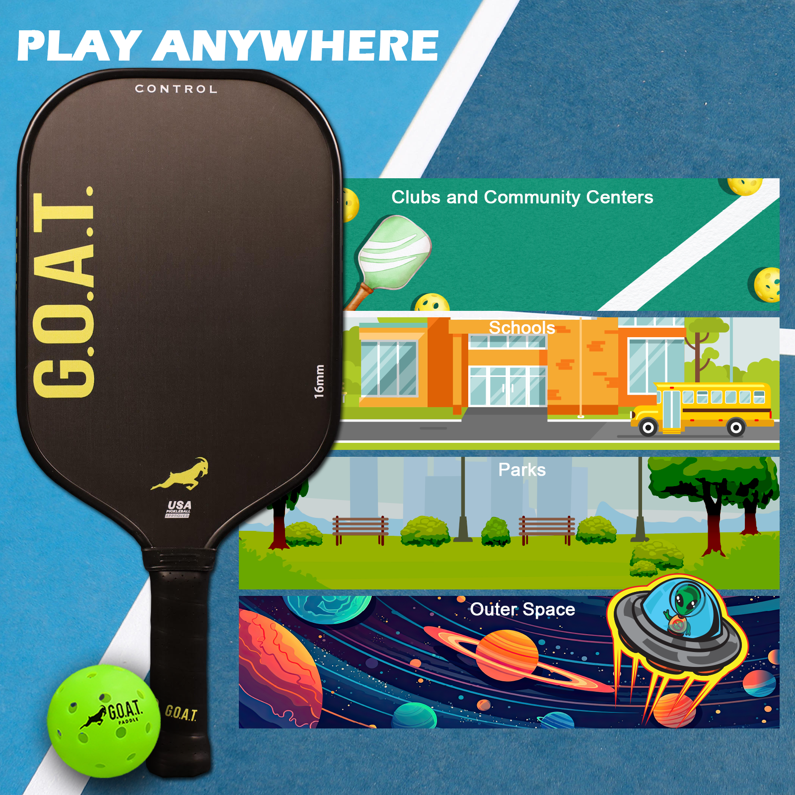 Goat Control Paddle poster: Pickleball Paddle & ball in a gym with lab, space, park scenes. Good for outdoor and indoor courts.  Play anywhere.