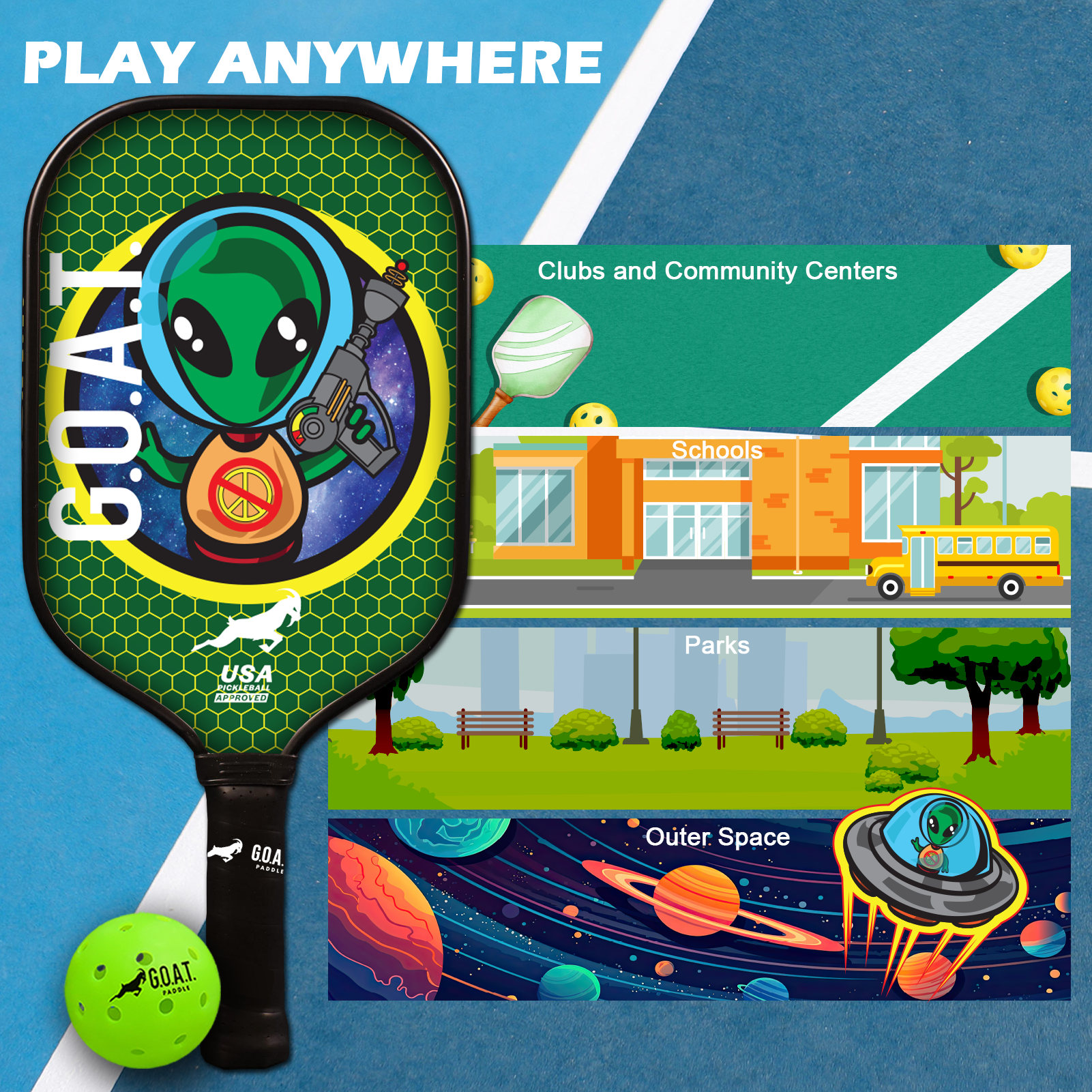 Goat Entertainment Paddle poster: Pickleball Paddle & ball in a gym with lab, space, park scenes. Good for outdoor and indoor courts.  Play anywhere.