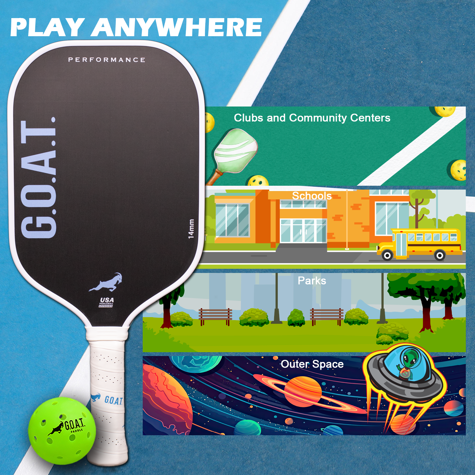 Goat Performance poster: Paddle & ball in a gym with lab, space, park scenes. Green/blue theme, 'AND Lupine', 'community center, beachclub'.