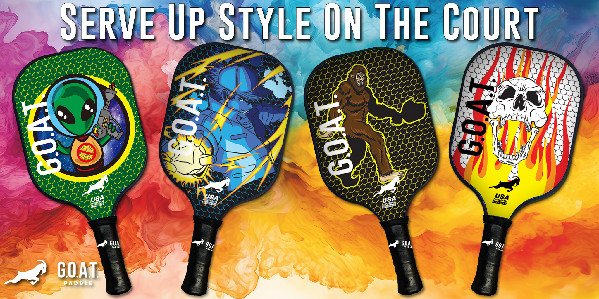 GOAT Entertainment Pickleball Paddles - Alien, Anime, Big Foot (Sasquatch), Skull with Fire all with GOAT logo and name etched on them.  Bright, Colorful and Fun paddles.  Text "Serve up style on the court"