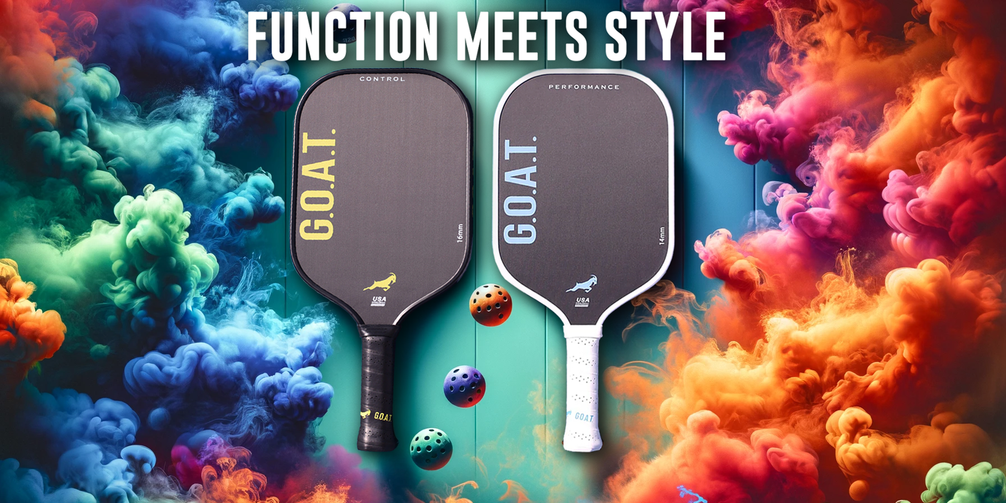 Black and Yellow GOAT Control Paddle and BLUE and white GOAT Performance Paddle with GOAT logo and name along with a few pickleballs with text function meets style